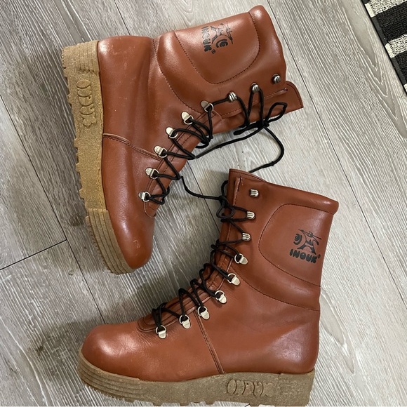70s Vintage Inouk Leather Winter Boots Brown Mens Size 9.5 - Picture 11 of 16